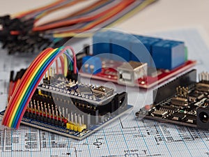 Electronics and microprocessor.Electronic DIY project Arduino.Drawing on a light background.Do it yourself.Programming