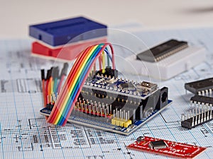 Electronics and microprocessor.Electronic DIY project Arduino.Drawing on a light background.Do it yourself.Programming