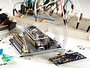 Electronics and microprocessor.Electronic DIY project Arduino.Drawing on a light background.Do it yourself.Programming