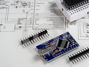 Electronics and microprocessor.Electronic DIY project Arduino.Drawing on a light background.Do it yourself.Programming