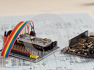 Electronics and microprocessor.Electronic DIY project Arduino.Drawing on a light background.Do it yourself.Programming