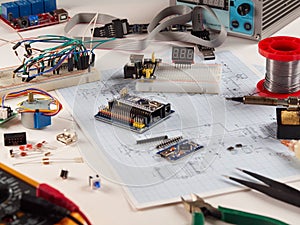 Electronics and microprocessor.Electronic DIY project Arduino.Drawing on a light background.Do it yourself.Programming