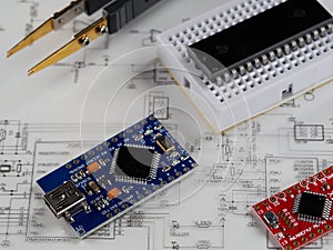 Electronics and microprocessor.Electronic DIY project Arduino.Drawing on a light background.Do it yourself.Programming