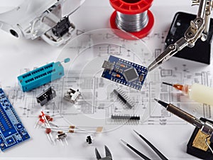 Electronics and microprocessor.Electronic DIY project Arduino.Drawing on a light background.Do it yourself.Programming