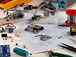 Electronics and microprocessor.Electronic DIY project Arduino.Drawing on a light background.Do it yourself.Programming