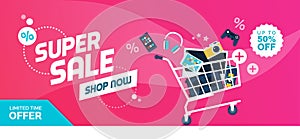 Electronics promotional sales banner with shopping cart