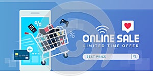 Electronics promotional sales banner with shopping cart photo