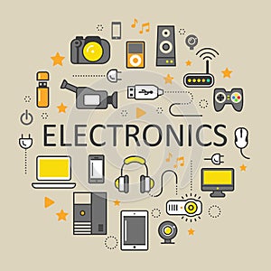 Electronics Technology Line Art Thin Icons Set with Computer and Gadgets