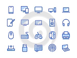 Electronics, Technology Store Blue Line Icon. Vector Illustration Flat style. Included Icons as Tv, Computer, Phone