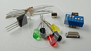 Electronics in white Background with Transistors and LEDS