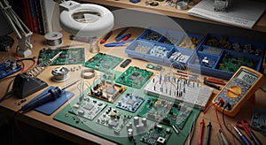 Electronics Workbench with Components and Tools