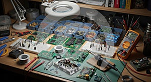 Electronics Workbench with Components and Tools