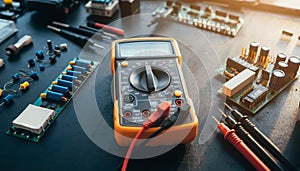 Electronics Workbench with Digital Multimeter and Circuit Components