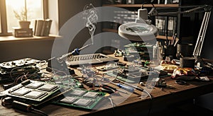 Electronics Workbench with Soldering Iron and Components