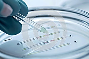 Electrophoresis of DNA fragments, Close-up, DNA molecules added to an agarose gel cell