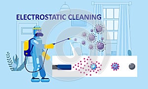 Electrostatic Disinfection Cleaning service. Man dressed in uniform in a special suit with equipment with electrostatic