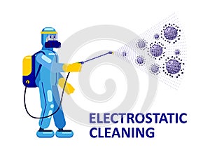 Electrostatic Disinfection Cleaning service. Man dressed in uniform in a special suit with equipment with electrostatic