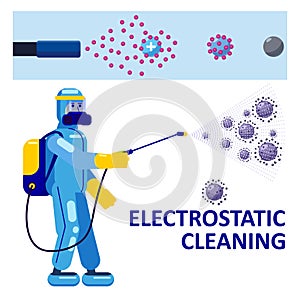 Electrostatic Disinfection Cleaning service. Man dressed in uniform in a special suit with equipment with electrostatic