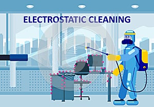 Electrostatic Disinfection Cleaning service. Man dressed in uniform in a special suit with equipment with electrostatic