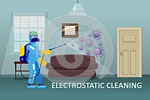 Electrostatic Disinfection Cleaning service. Man dressed in uniform in a special suit with equipment with electrostatic