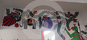 Elefant and flowers paintings through mithila art in madhubani India