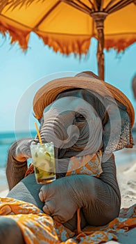 A elefant in human clothes lies on a sunbathe on the beach, on a sun lounger, under a bright sun umbrella