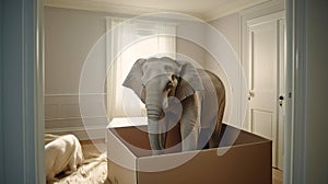 an elephant in small room, concept of cramped condition with space constraints, lack of space in living room photo