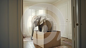 elephant in small room, concept of cramped condition with space constraints, lack of space in living room photo