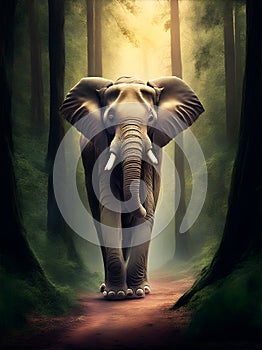 Elefant walking throw a path surrounded by trees