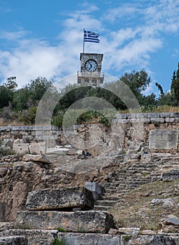 Elefsina Clock Tower at highest point over Archaeological Site, monument Attica Greece. Vertical