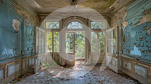 Elegance in Abandonment, Sunlit Decrepit Room with French Windows