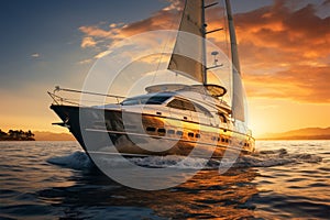 Elegance afloat a luxury yacht sails against a backdrop of breathtaking sunset