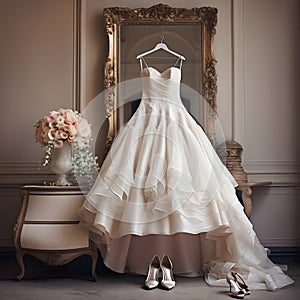 Elegance Awaits: Wedding Dress and Shoes Hanging Up, Ready for the Big Day
