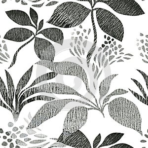 Elegance black and white seamless pattern with abstract plants and branches