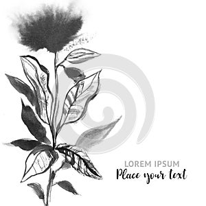 Elegance black and white watercolor greeting card with branches, flowers, hand painted