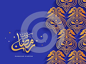 Elegance Blue and Golden Ramadan Kareem Card Decorated with Beautiful Paper Cut Floral Design for Holy Month of Muslim Community