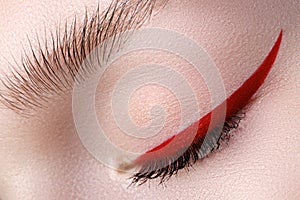 Elegance close-up of beautiful female eye with fashion trend bright colors eyeshadow and eyeliner. Macro shot of beautiful