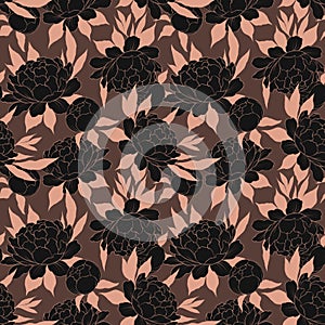 Elegance dark seamless pattern with peony flowers. Floral background.