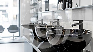 Elegance in Details: Black Ceramic Basins with Matte Fixtures in a Stylish Salon. Generative ai