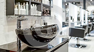 Elegance in Details: Black Ceramic Basins with Matte Fixtures in a Stylish Salon. Generative ai