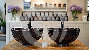 Elegance in Details: Black Ceramic Basins with Matte Fixtures in a Stylish Salon. Generative ai