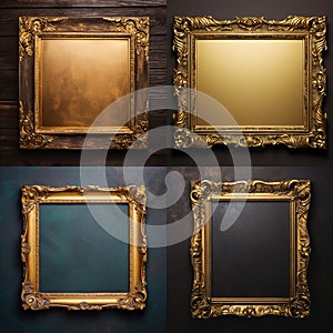 Elegance in Frames - A Glimpse of Timeless Opulence with Four Empty Golden Frames on Vintage Background - generative AI