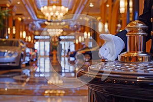 Elegance and Luxury at the Forefront Gloved Concierge Bell at Upscale Hotel Lobby with Limousines photo