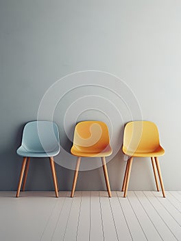Elegance meets simplicity in this minimalist studio shoot of a beautifully designed room with three colorful chairs.