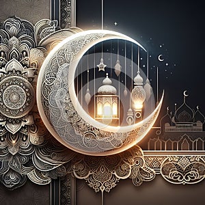 elegance and modern design of Ramadan background, with a stylized crescent moon, mandala panttern, and lanterns, Eid Mubarak