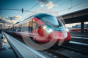 Elegance in motion High speed train streaks past station, background a dynamic blur
