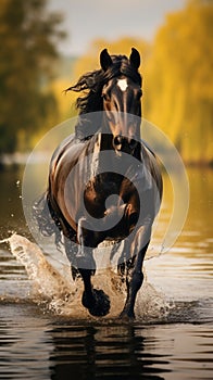 Elegance in motion A well groomed dark horse ambling along the lakeside