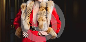Elegance Personified, A Fashionable Woman in a Luxurious Fur Coat and Ravishing Red Costume. Generative AI