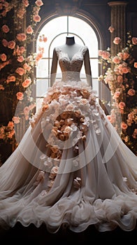 Elegance personified A wedding dress framed by a stunning floral bouquet backdrop