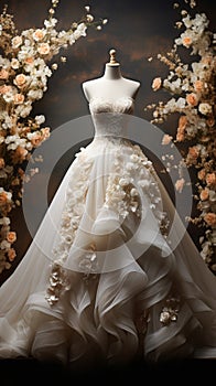 Elegance personified A wedding dress framed by a stunning floral bouquet backdrop